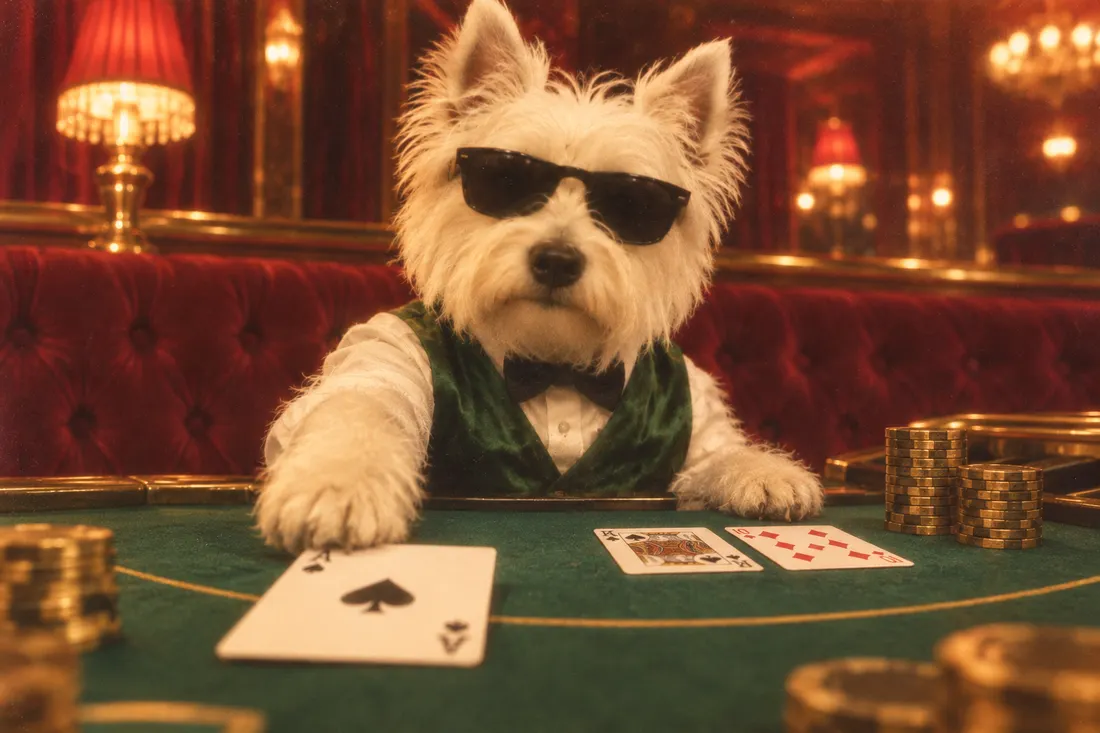 CASINU the terrier dealing blackjack in the casino